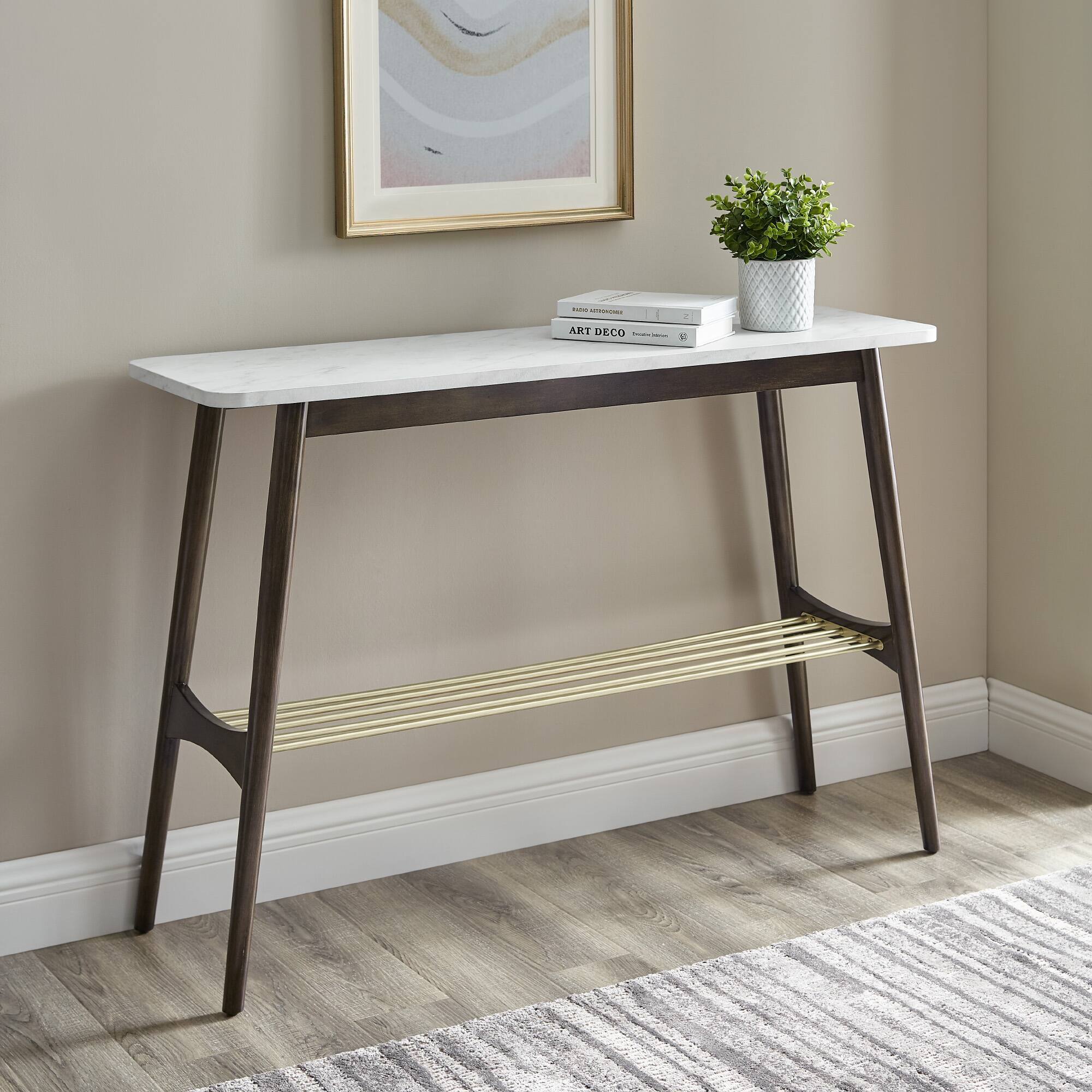 Walker Edison Faux White Marble/Dark Brown Oak Tapered Leg Entry Table